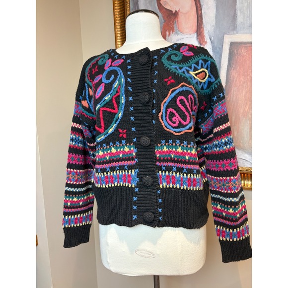 Sigrid Olsen Sweaters - Vintage 90s Sigrid Olsen Embroidered Paisley Cardigan Sweater Black XL Cotton